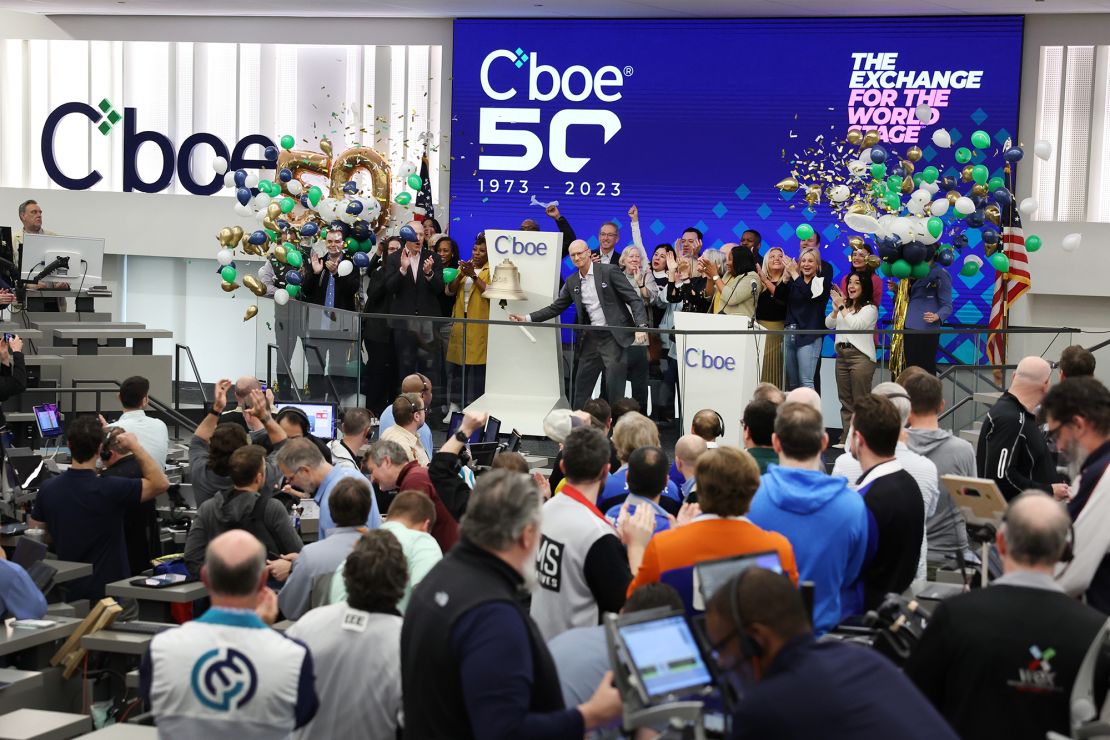 A bell is rung to celebrate the close of trading in the S&P options pit at the Cboe Global Markets exchange on April 26, 2023 in Chicago, Illinois.